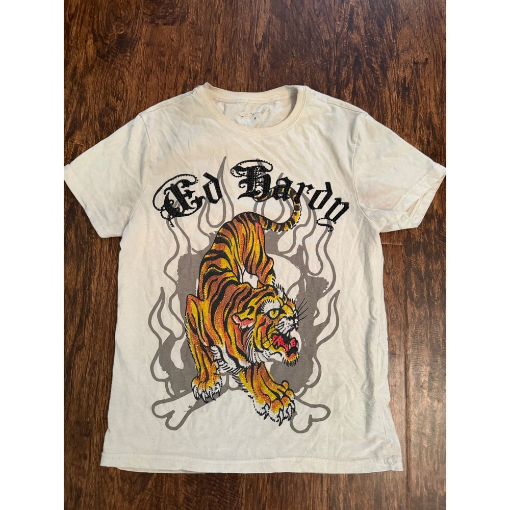 Ed Hardy Women Cream Graphic T-Shirt Tiger Rhinestone Y2K Tattoo Art Small